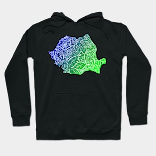 Colorful mandala art map of Romania with text in blue and green Hoodie